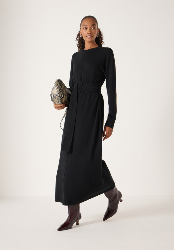 Buckle Belt Merino Wool Midi Dress