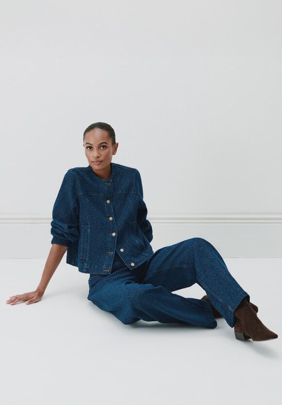 Collarless Lurex Denim Jacket