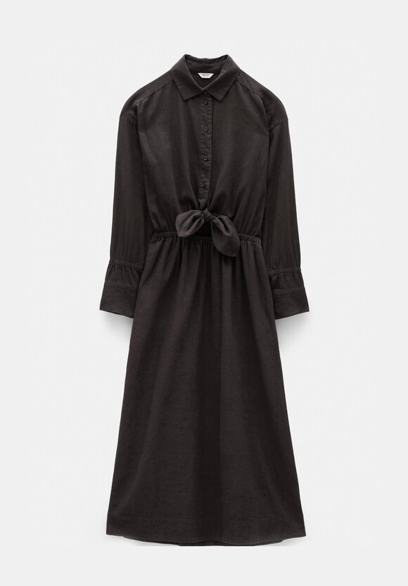 Front Bow Linen Blend Maxi Shirt Dress