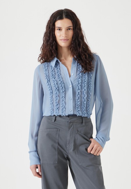 Long Sleeve Ruffle Sheer Shirt
