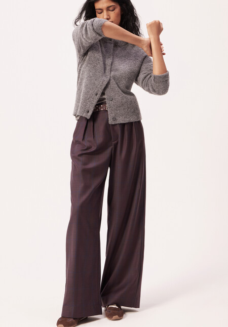 Wool Blend Wide Leg Check Trousers