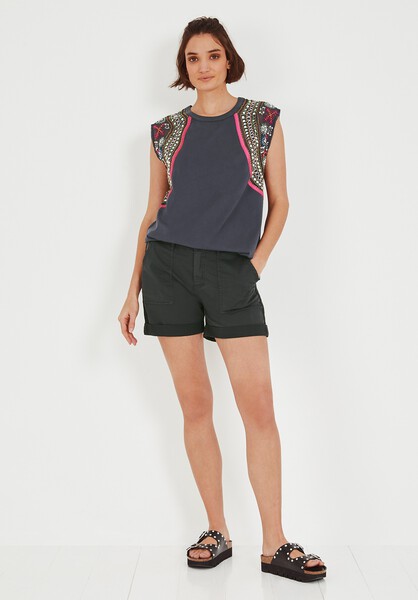Embellished Sleeve Crew T Shirt