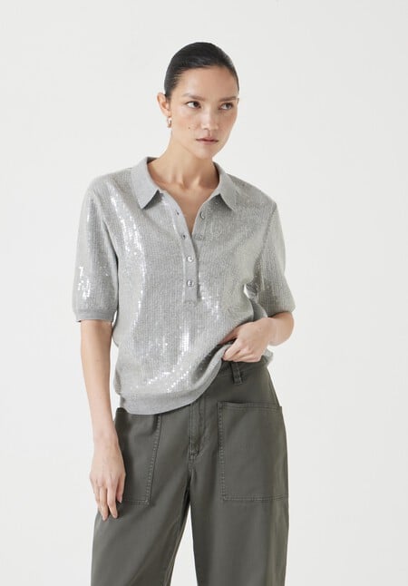 Clear Sequin Knitted Polo Top