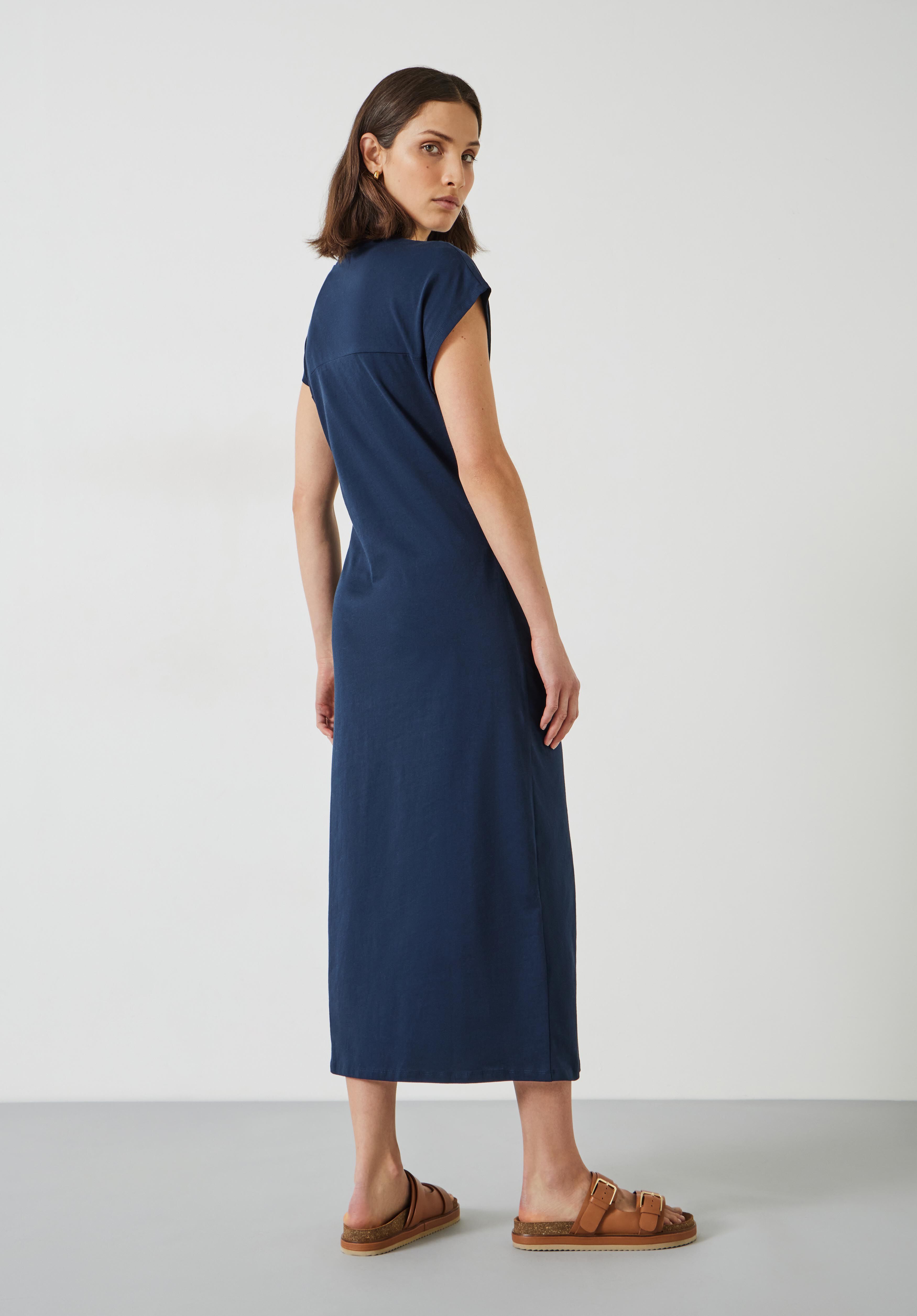 Hush 100 Cotton Crew Neck Short Sleeve Navy Belted Waist Midi Shift Dress Casual Work