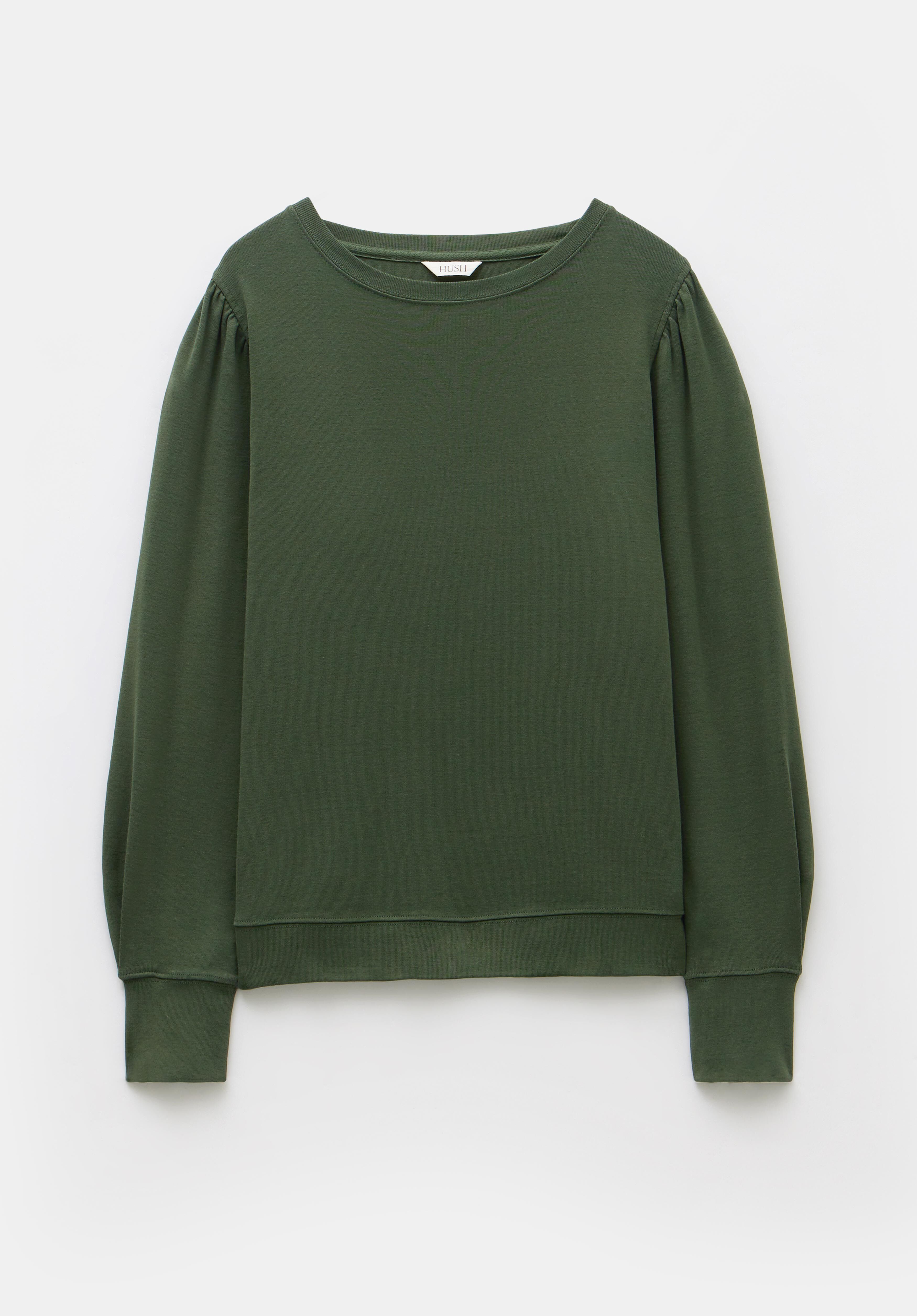Emily Puff Sleeve Jersey Top | Khaki Green | hush