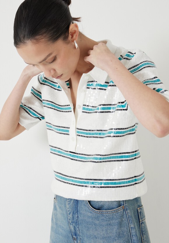 Sequin Stripe Knitted Polo Top