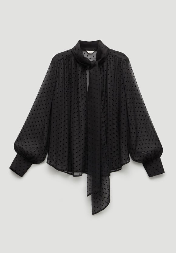 Tie Neck Flocked Spot Blouse