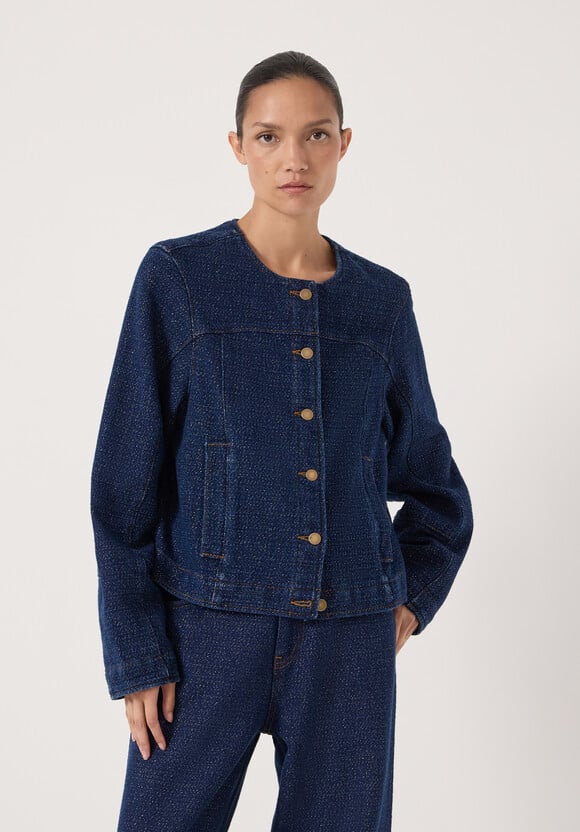 Collarless Lurex Denim Jacket