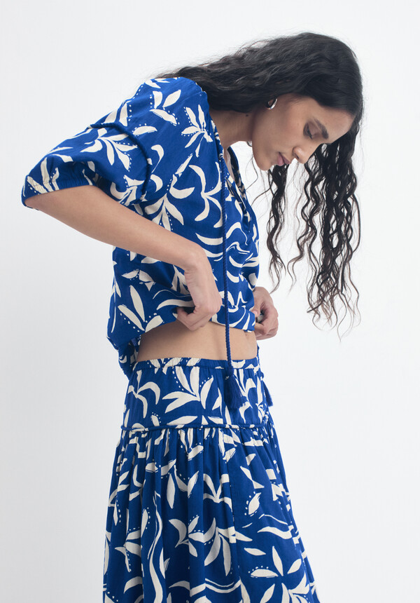 Printed Cotton Balloon Sleeve Blouse