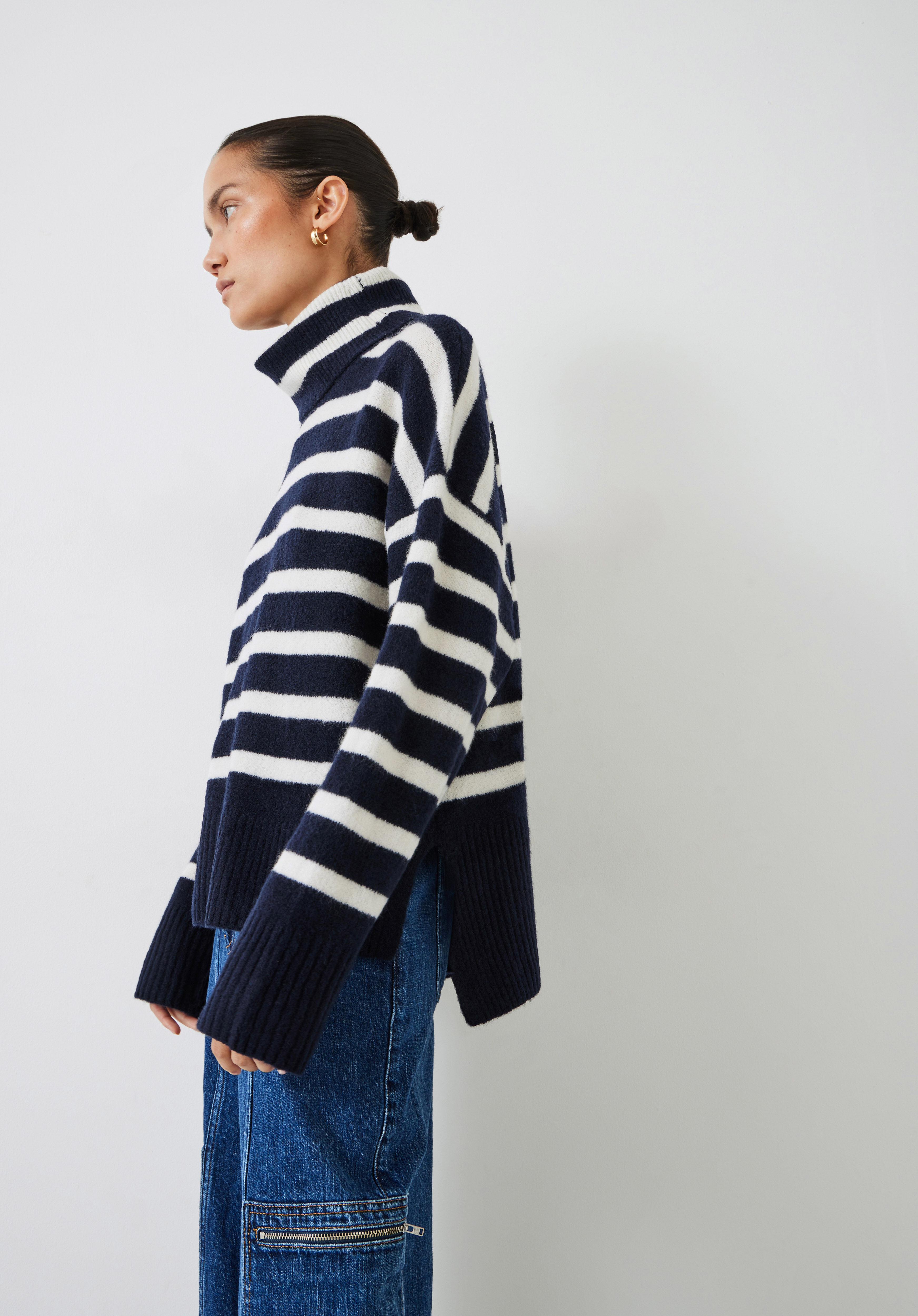 Rhona Striped Roll Neck Jumper Midnight Navy Ecru hush