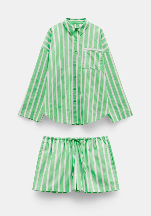 Adair Oversized Shirt Pyjama Set | Green and Pink Vertical Stripe | hush