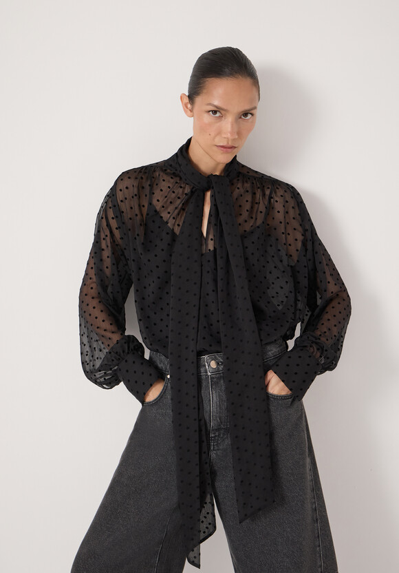 Tie Neck Flocked Spot Blouse