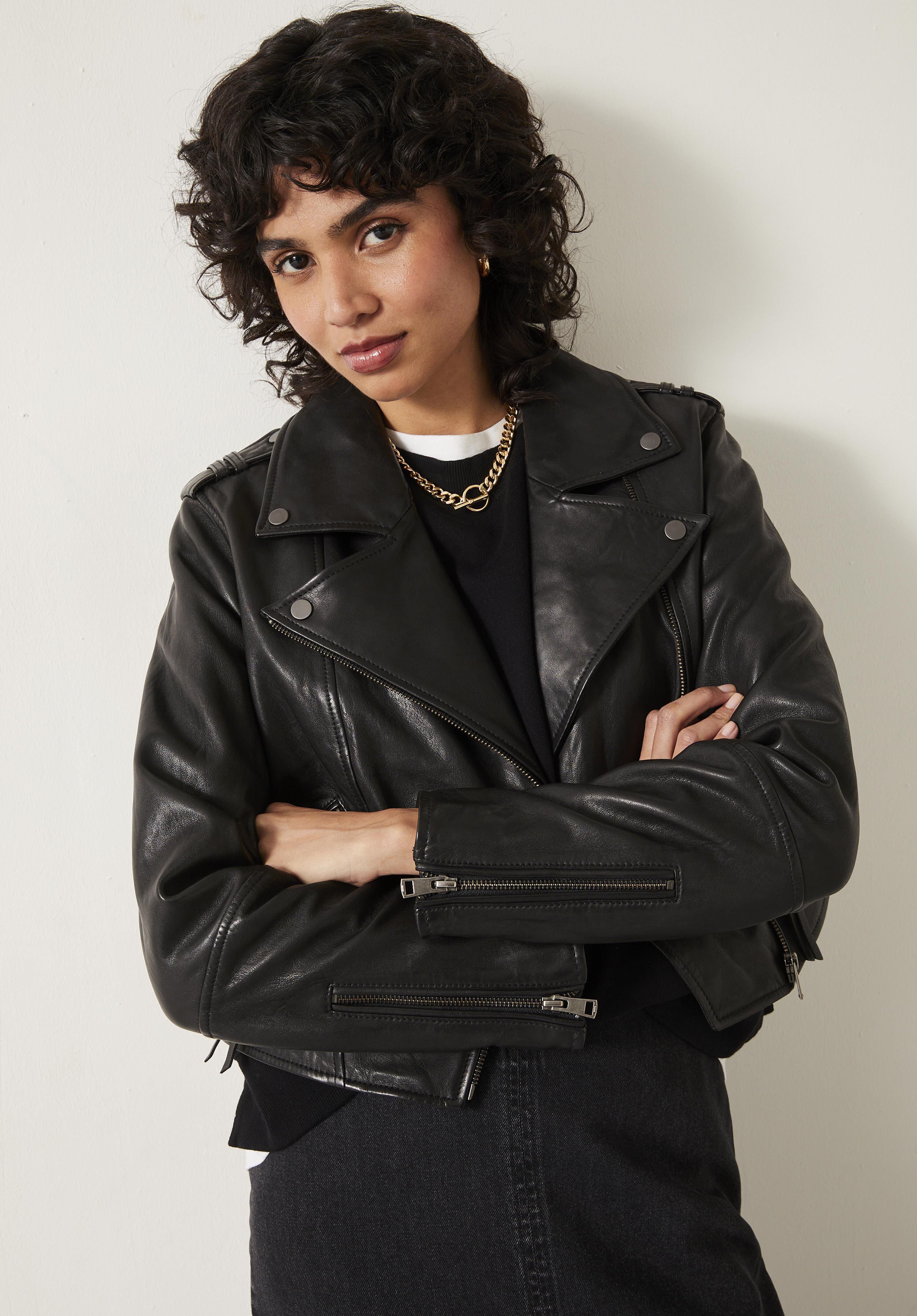 Jet Cropped Leather Biker Jacket Black hush