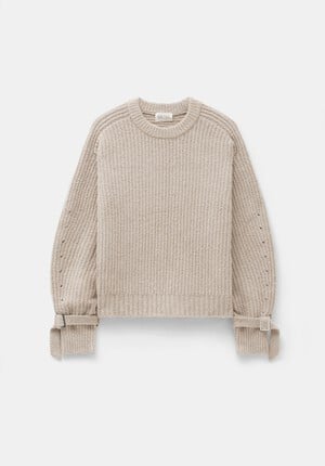 Tie and Buckle Detail Textured Knitted Jumper