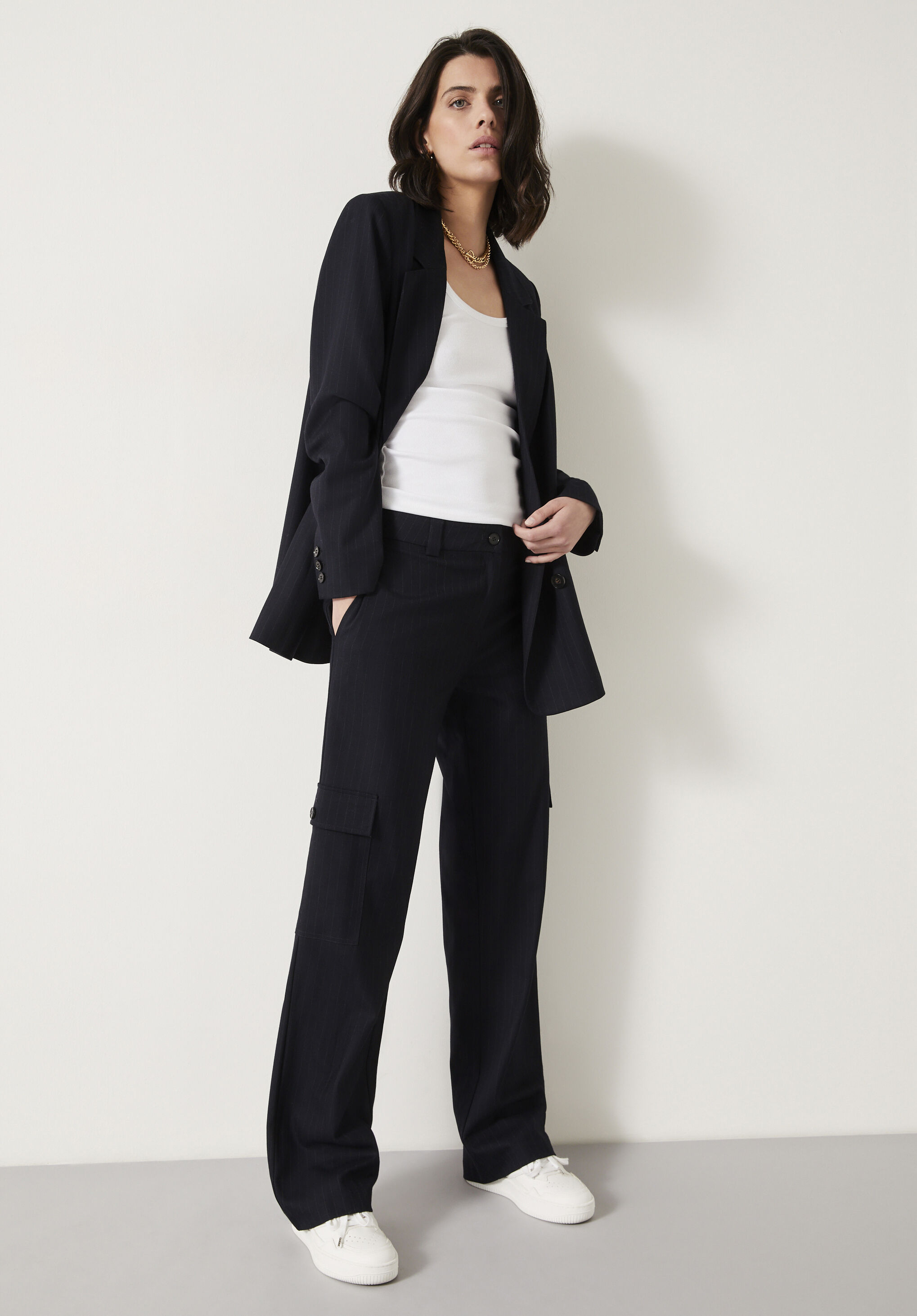 Courtney Cargo Pinstripe Wool Blend Trousers Midnight Navy hush
