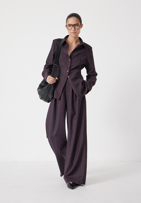 Wool Blend Wide Leg Check Trousers