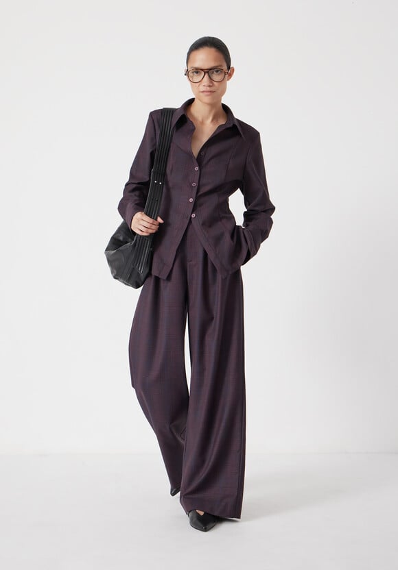Wool Blend Wide Leg Check Trousers
