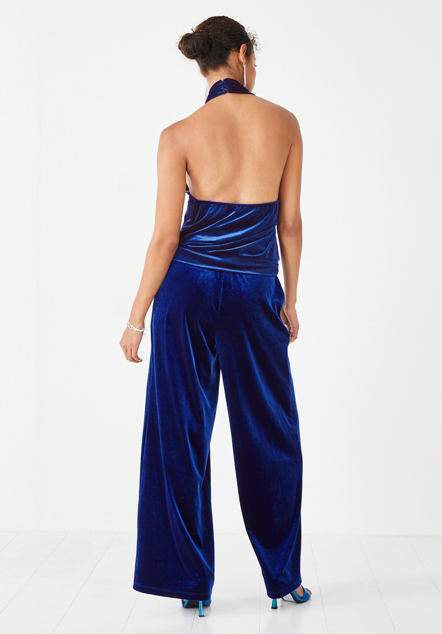 Navy velvet wide leg trousers top