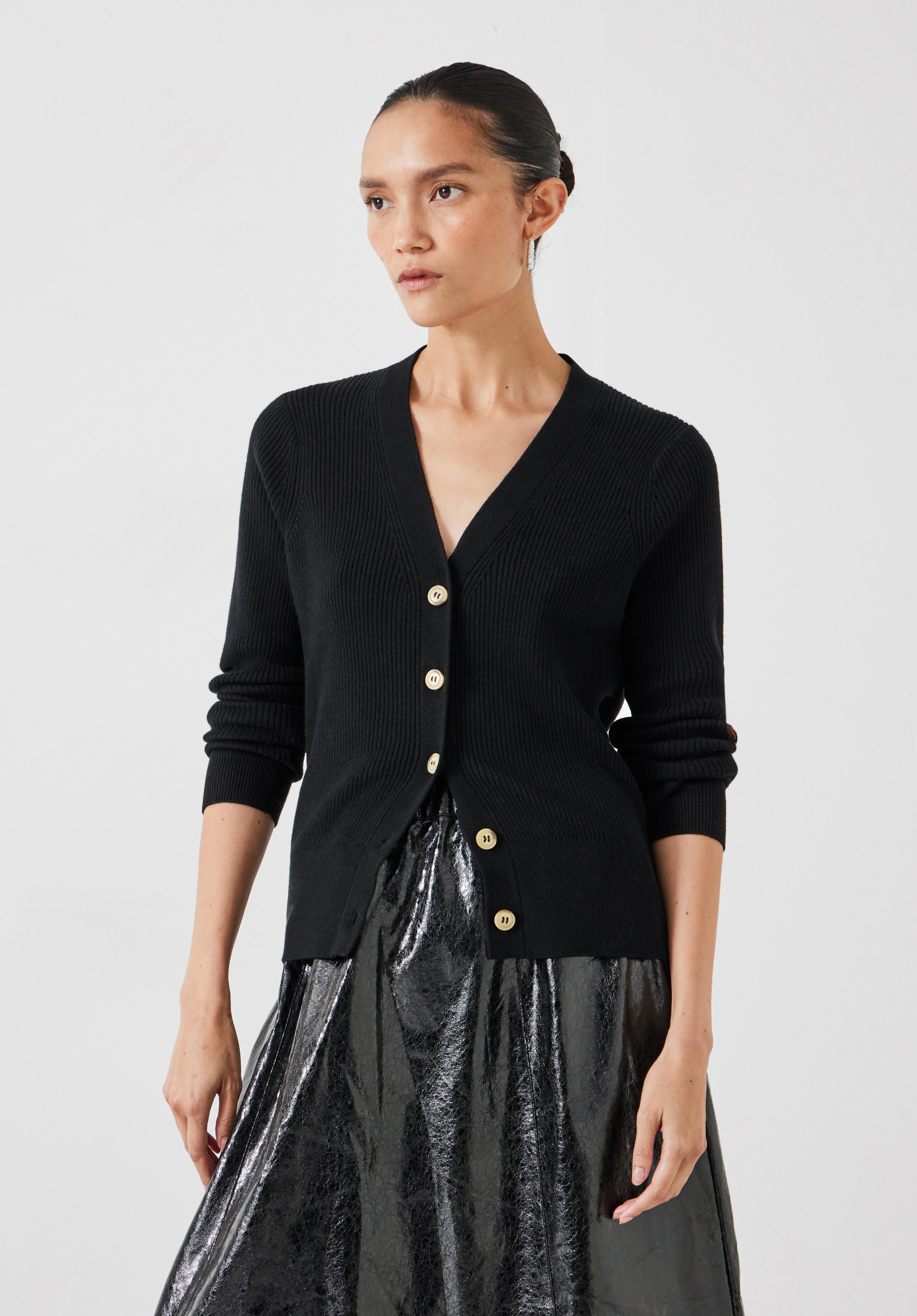 Slim Ribbed V Neck Cardigan | Black | hush Slim Ribbed V Neck Cardigan | Black | hush