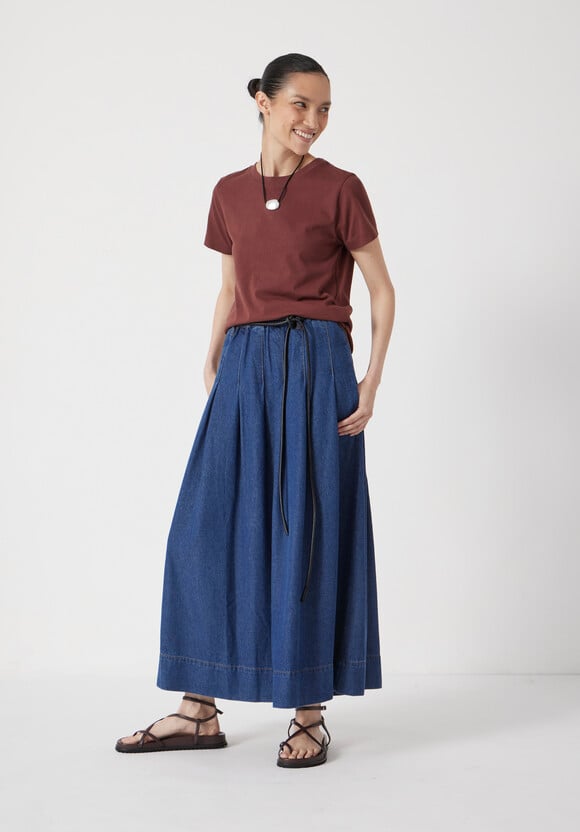 Ivy Pleated Denim Midi Skirt