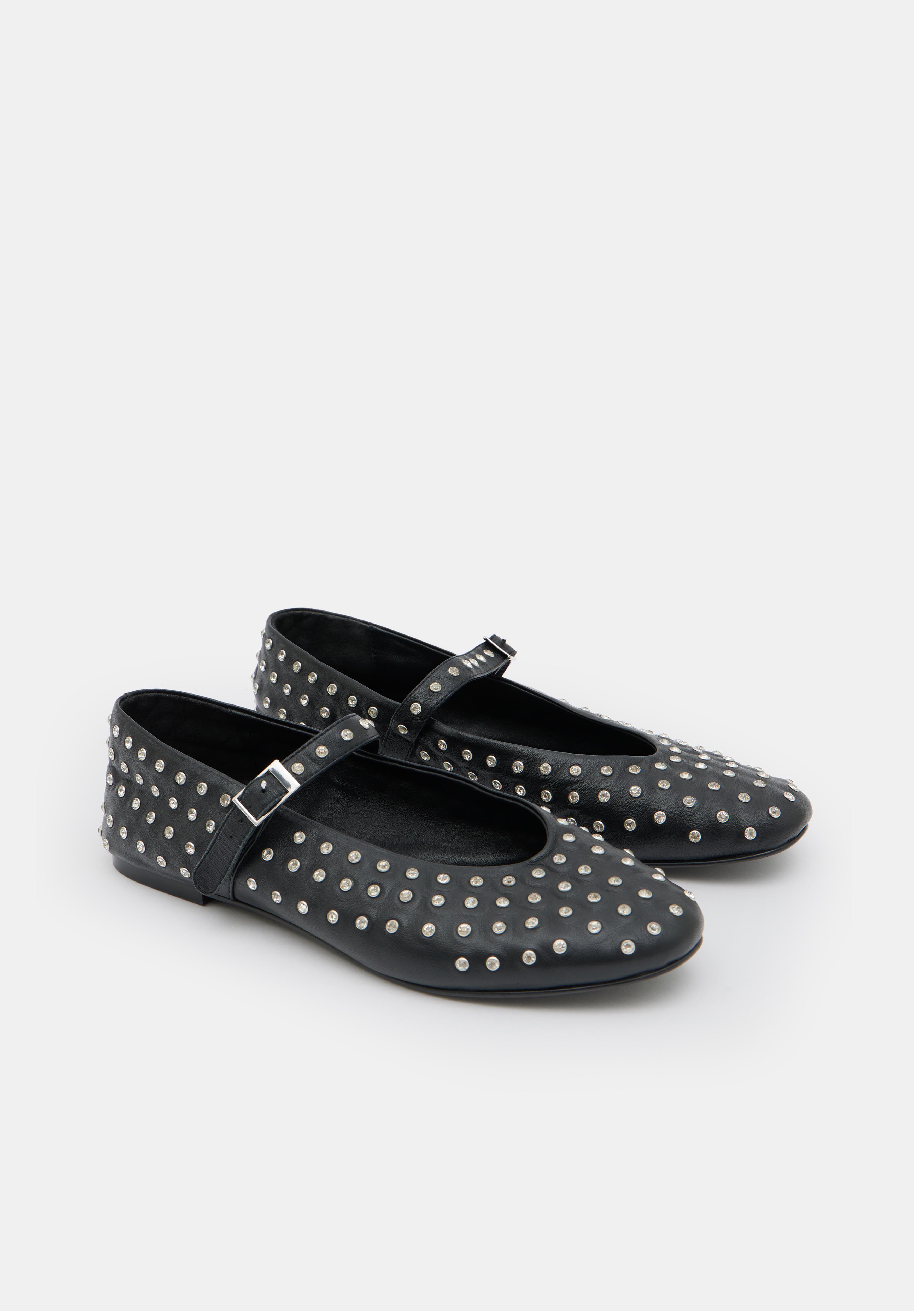Diamante Studded Leather Mary Jane Flats | Black | hush