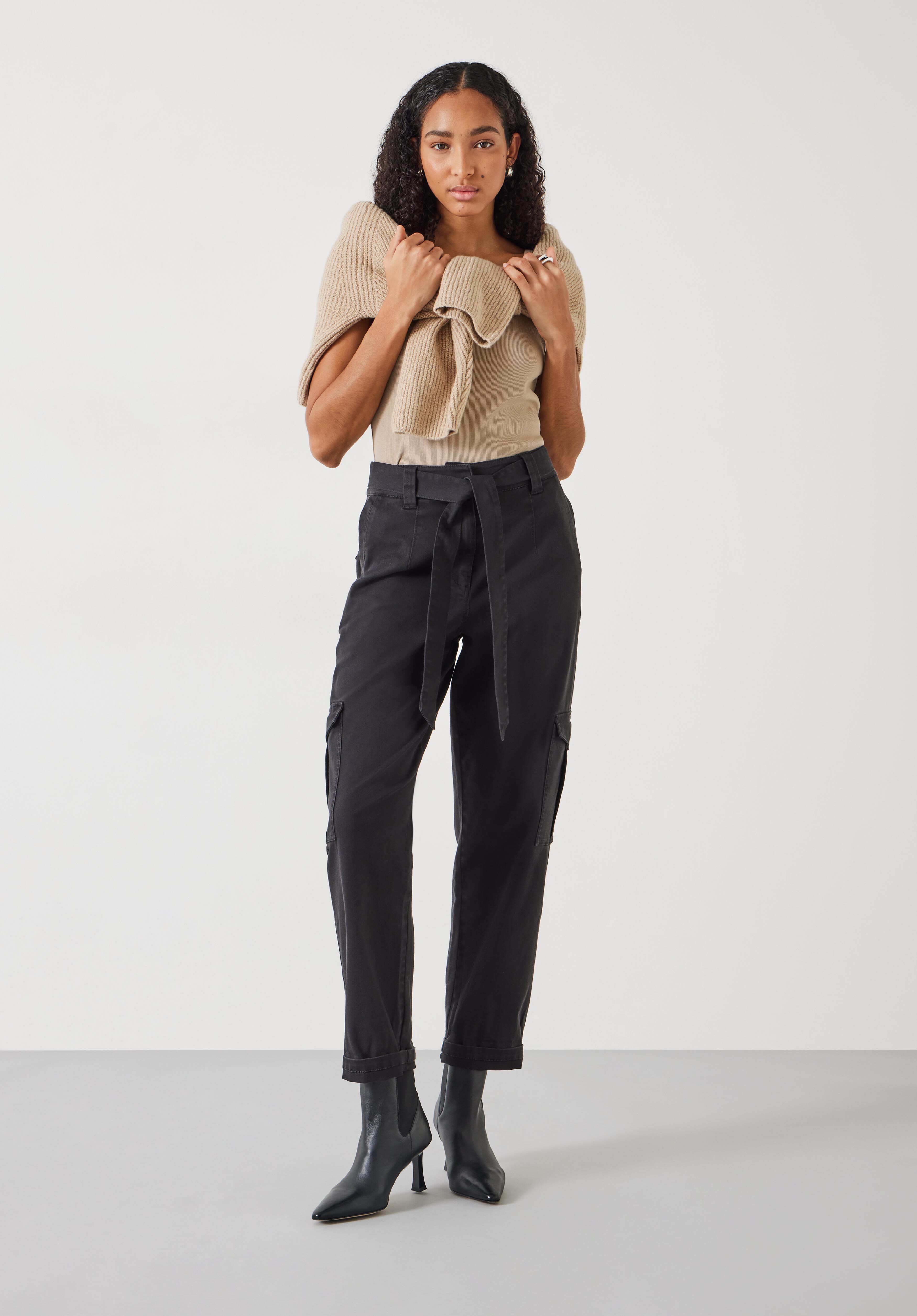 High Waist Belted Trousers Washed Black hush