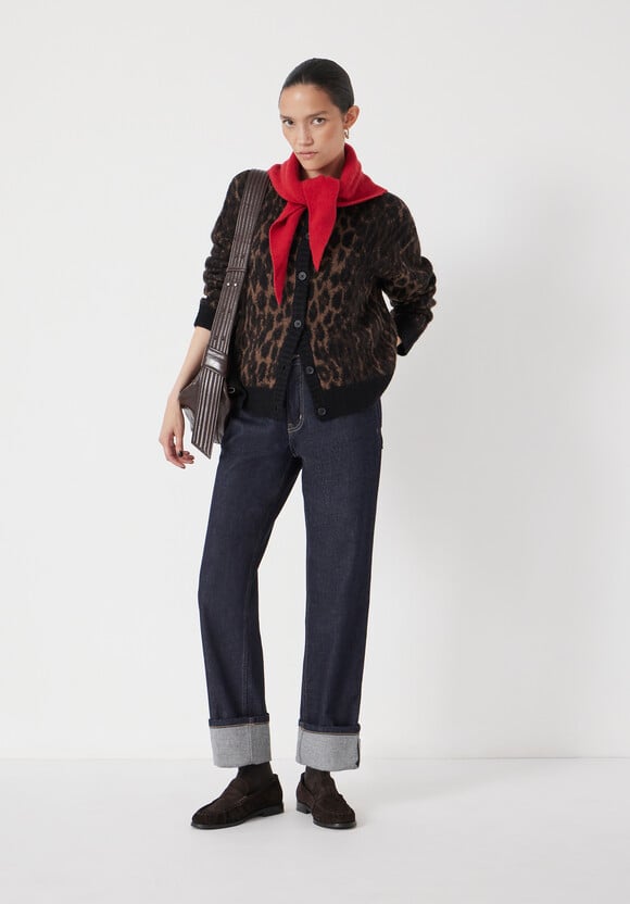 Crew Neck Animal Jacquard Cardigan with Mohair