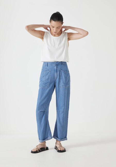 Chambray Cordi Barrel Leg Trouser
