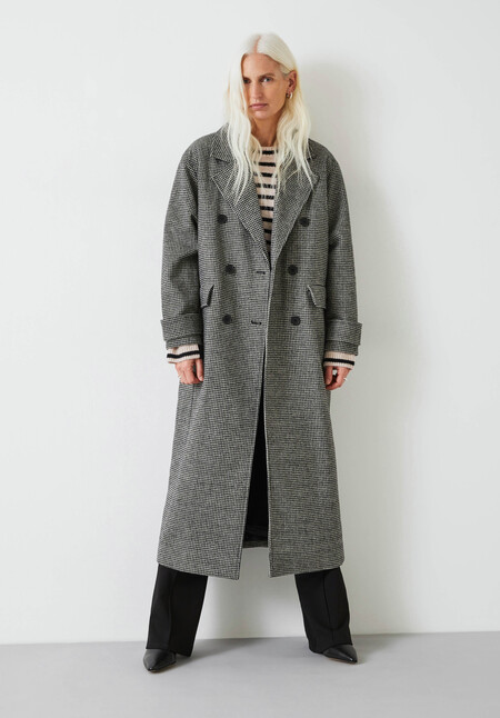 Rose Check Double Breasted Wool Blend Coat
