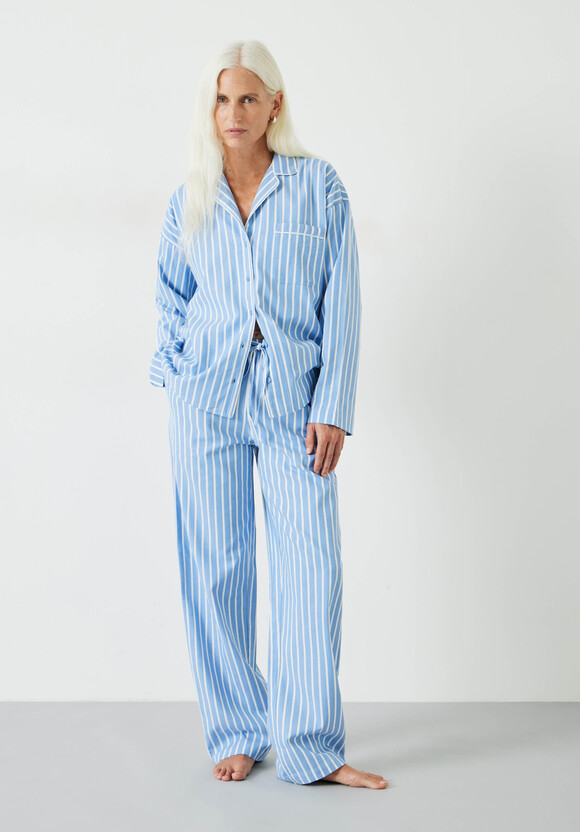 Amita Brushed Cotton Blend Pyjamas, Blue/Ecru Stripe