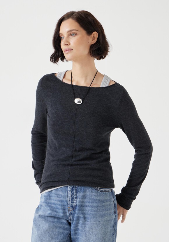 Fine Knit Slash Neck Seam Detail Top