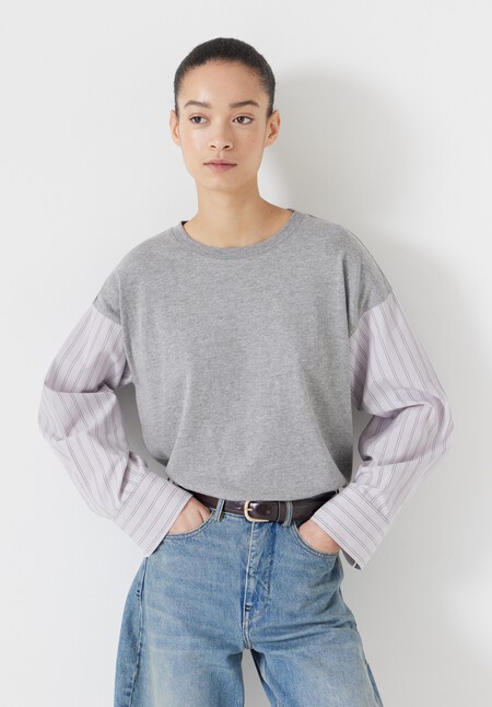 Woven Mix Long Sleeve T-Shirt