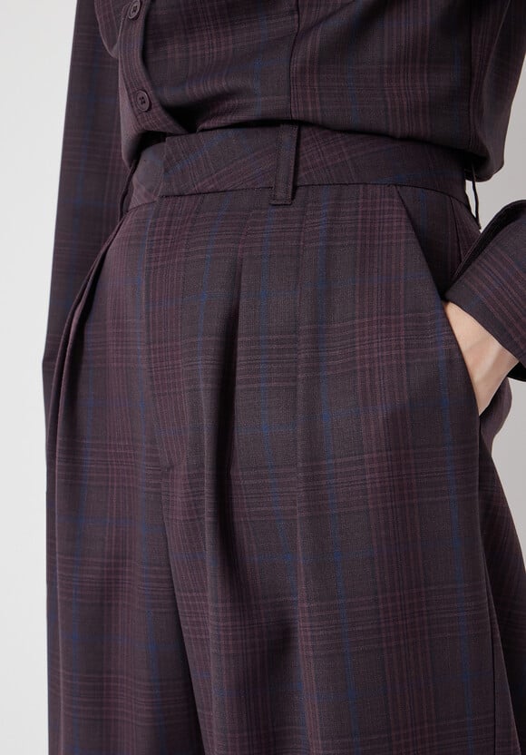 Wool Blend Wide Leg Check Trousers