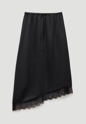 Satin Asymmetric Lace Trim Skirt