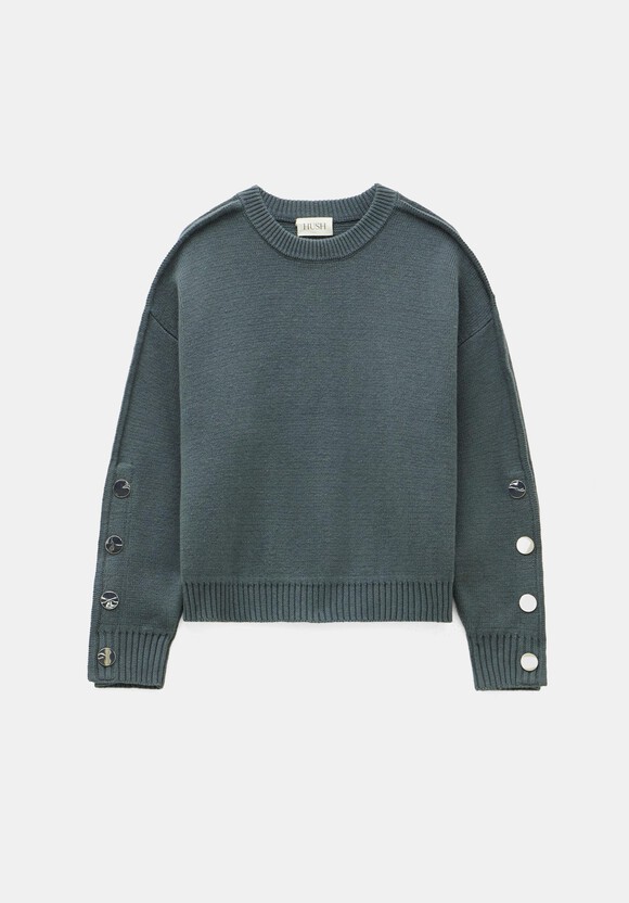 Popper Sleeve Crew Knitted Jumper