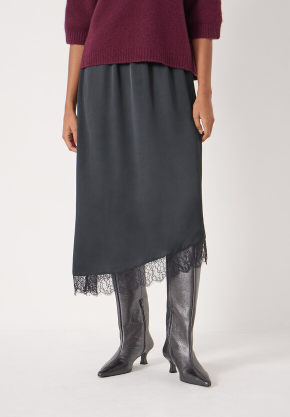 Satin Asymmetric Lace Trim Skirt