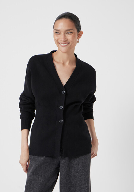V Neck Ribbed Detail Cardigan with Wool