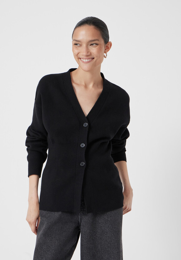 V Neck Ribbed Detail Cardigan with Wool