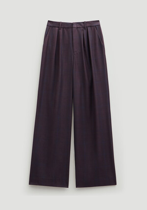 Wool Blend Wide Leg Check Trousers