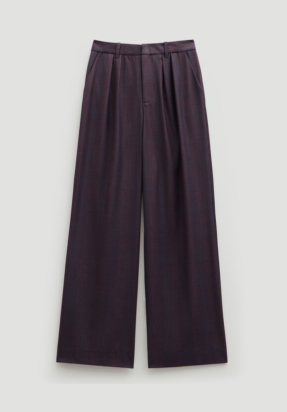 Wool Blend Wide Leg Check Trousers