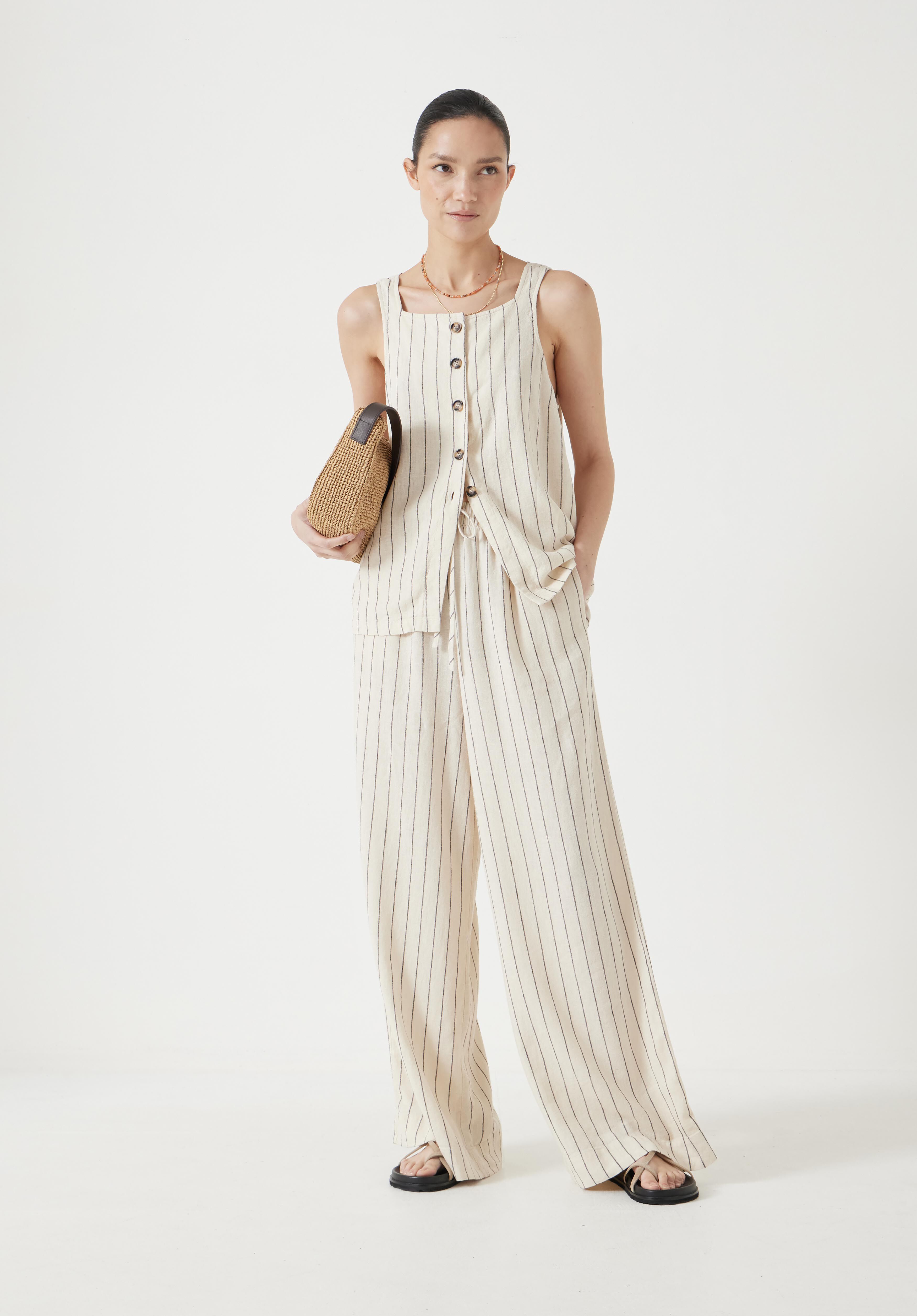 Linen Blend Petunia Wide Leg Pants | Ecru Black Stripe | hush