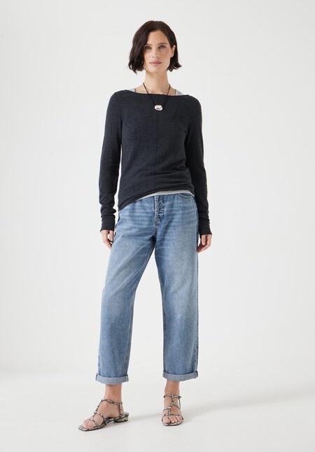 Fine Knit Slash Neck Seam Detail Top