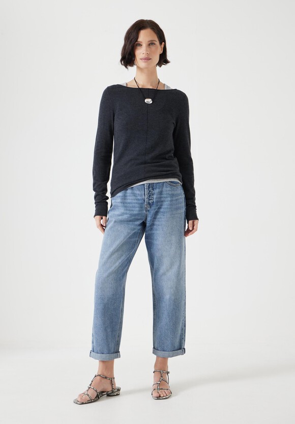Fine Knit Slash Neck Seam Detail Top