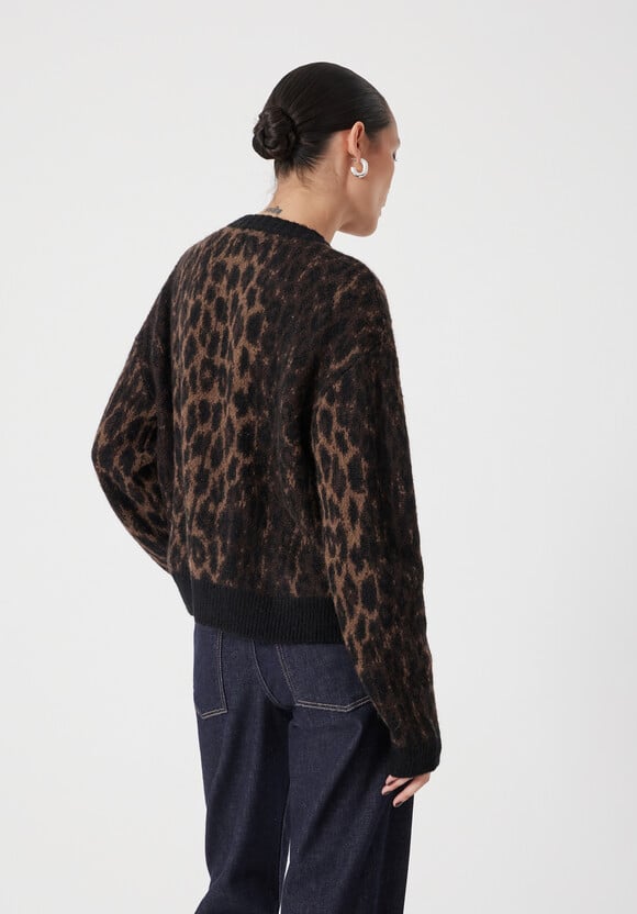 Crew Neck Animal Jacquard Cardigan with Mohair