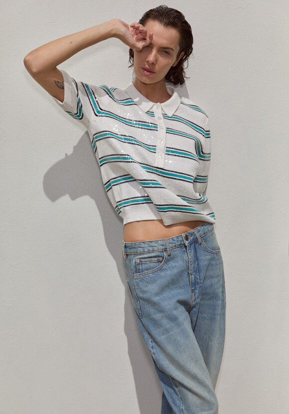 Sequin Stripe Knitted Polo Top