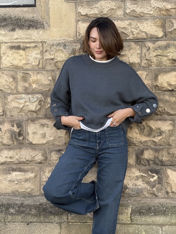 Popper Sleeve Crew Knitted Jumper
