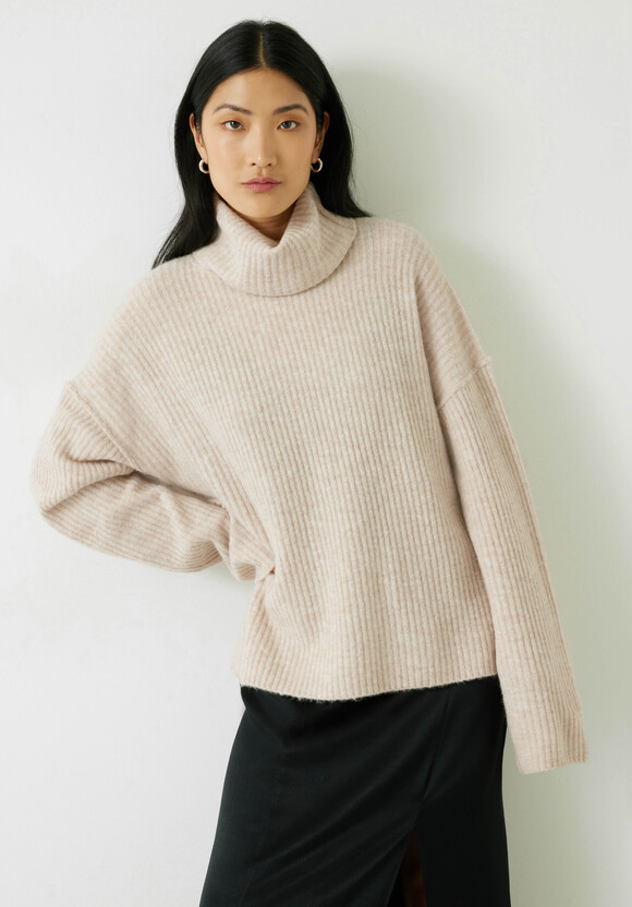 Keily Ribbed Roll Neck Wool Blend Jumper, Blushed Oatmeal