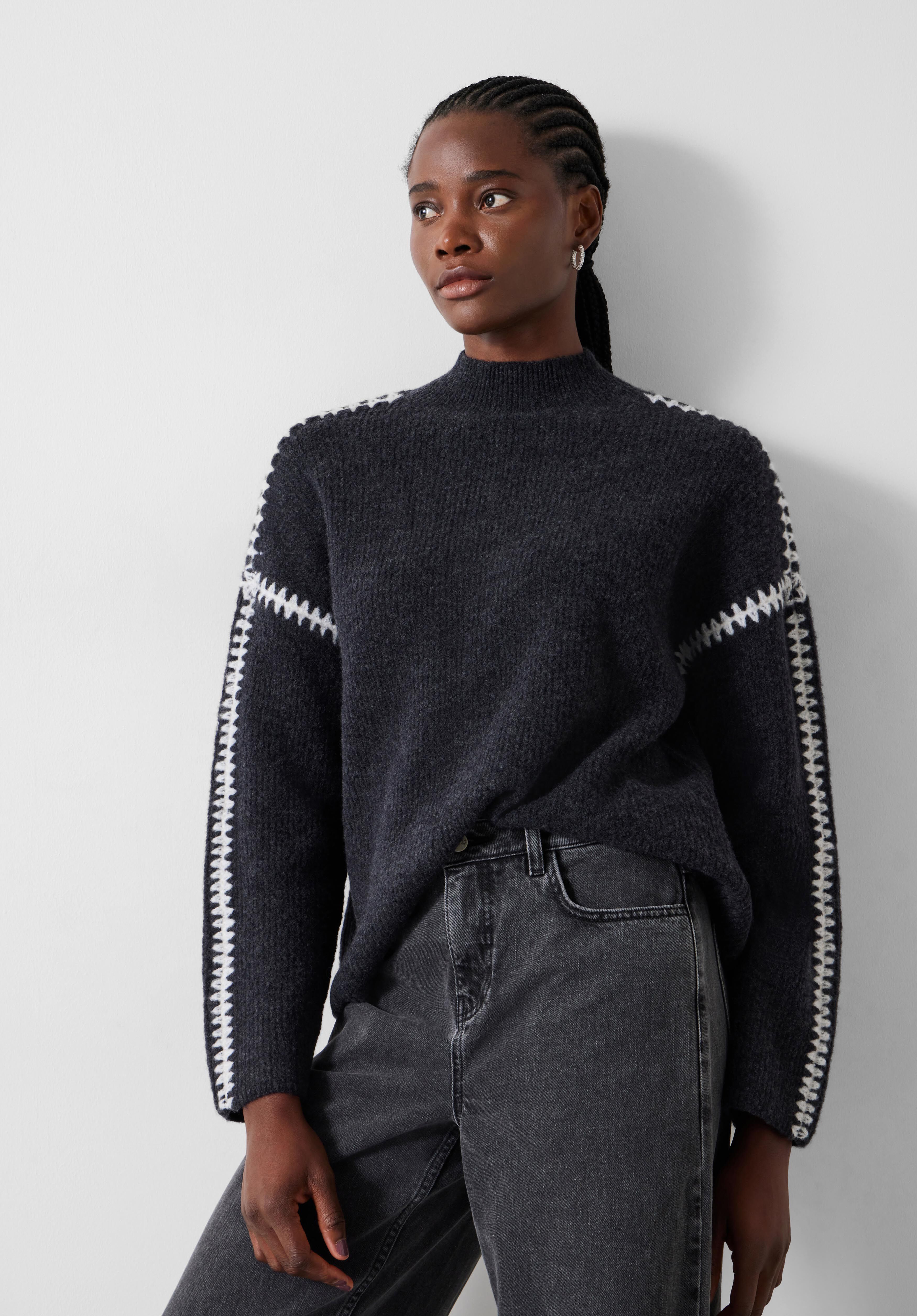 Celine Contrast Stitch Wool Blend Sweater | Charcoal Marl/Off White | hush