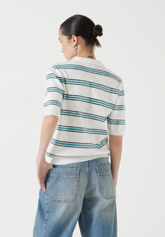 Sequin Stripe Knitted Polo Top