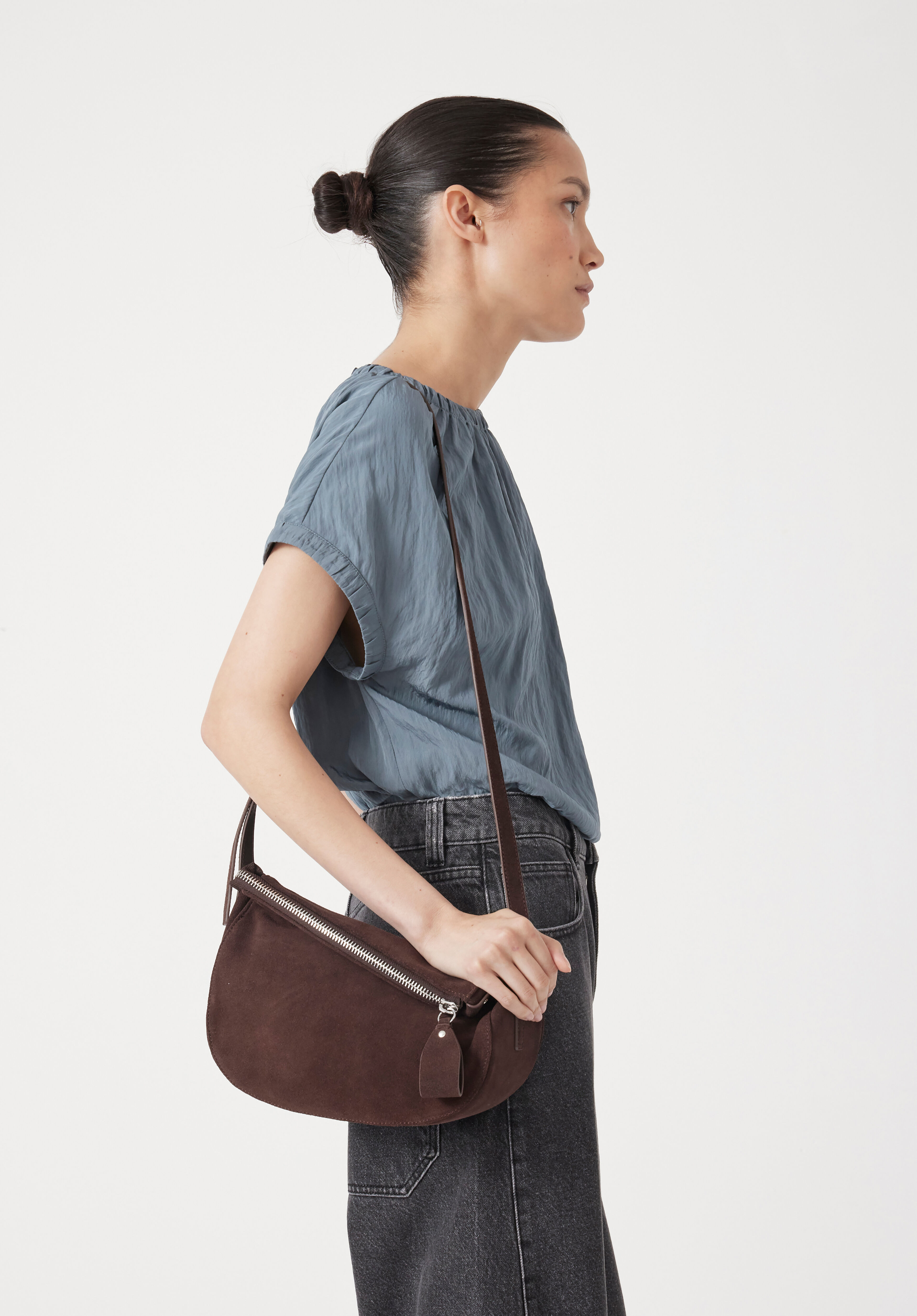 ★MCLANEE★ 574 Hush Mini Crossbody Bag 574hush Zippy Crescent Leather Crossbody Bag | Dark Brown | hush